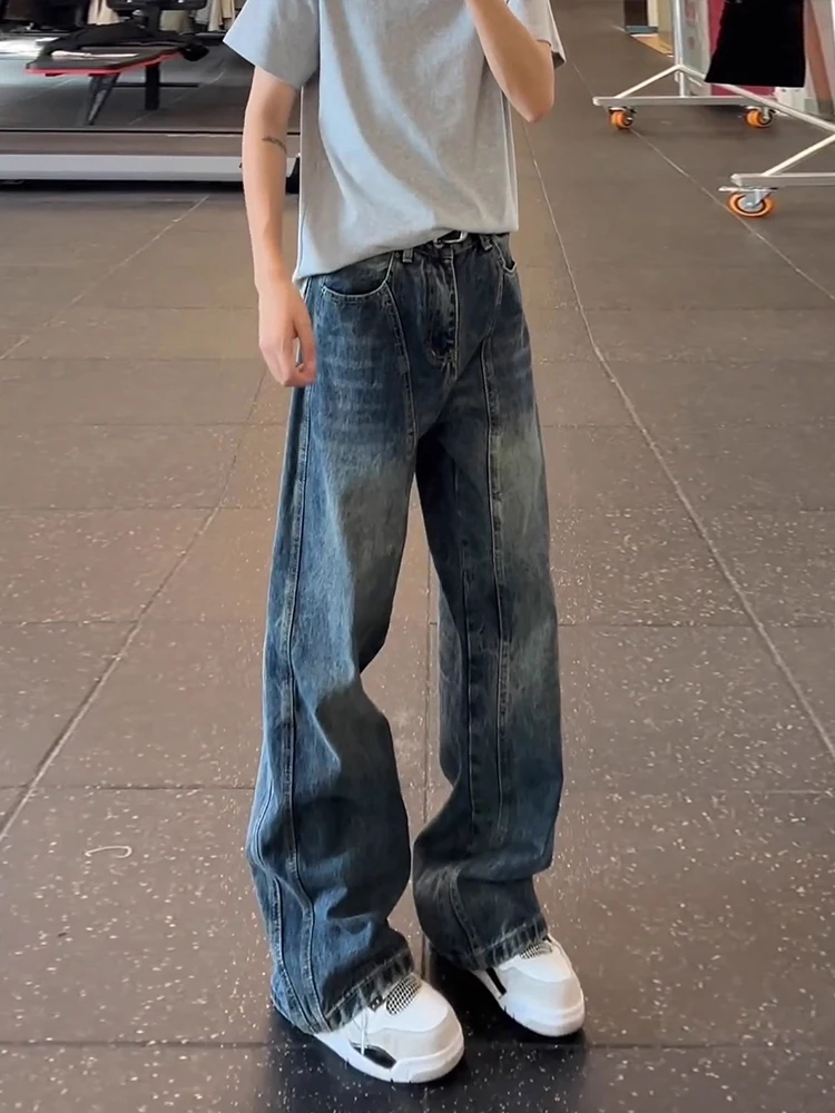 Cleanfit Vintage Blue Knife  Men's Jeans American Splicing Loose Wide Leg Micro Flare Straight Leg Long Pants