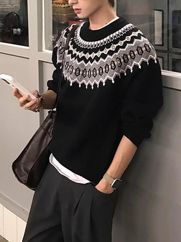 

Loose Fit Color Blo Knit Sweater Men's Autumn Faion round Ne Overhead Geometric Patterned Comfortable Warm Knitted Top