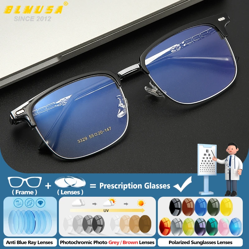 

BLMUSA New Square Anti Blue Light Prescription Glasses Men Photochromic Myopia Eyewear Fashion Progressive Optical Eyeglasses