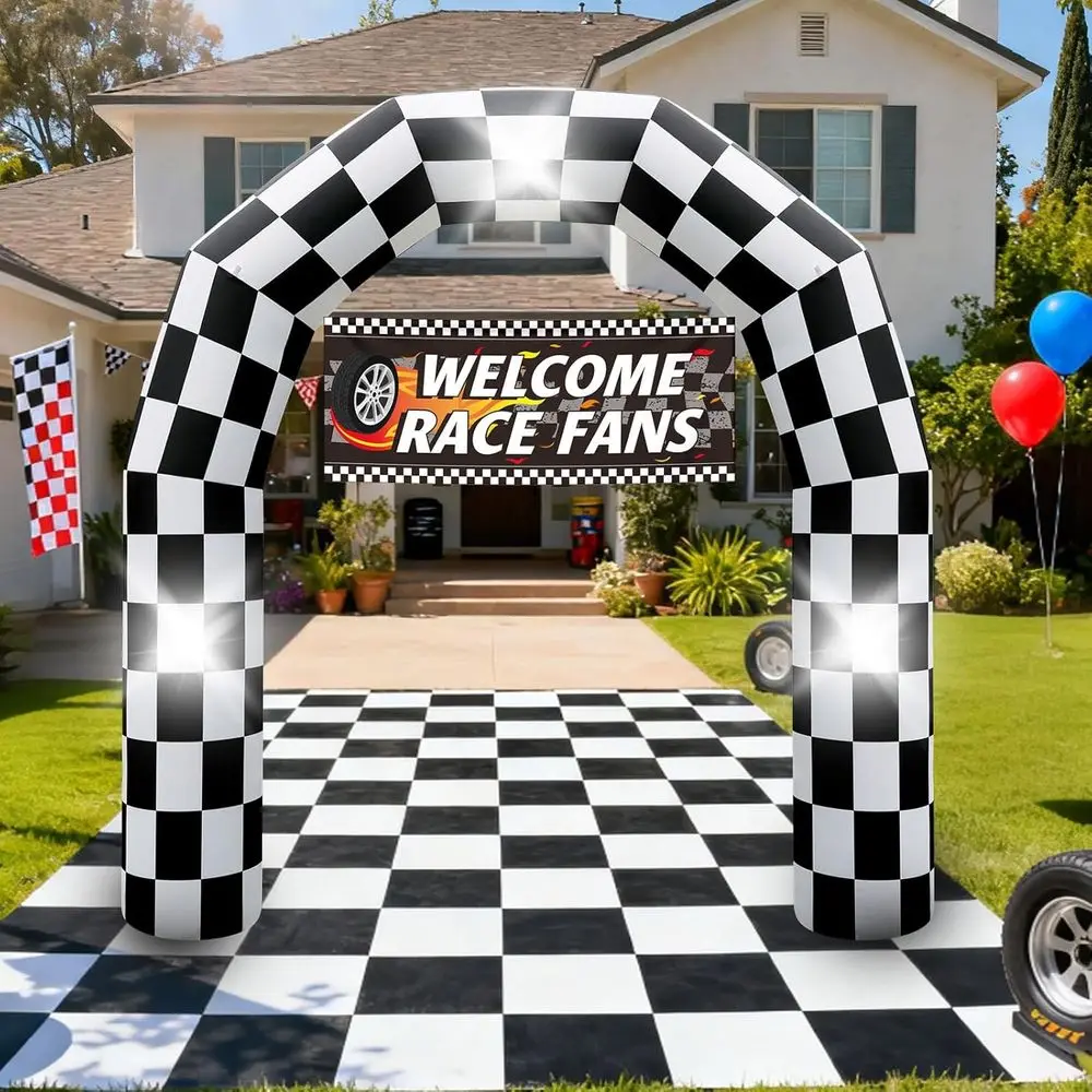 

8FT Black and White Checkered Outdoor Race Car Iatable Arch with Happy Birthday Banner, Blow Up Racing Party Decoration with Bui