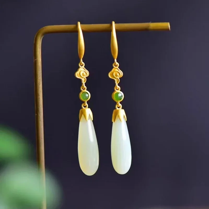 

925 Sterling Silver Tear Drop Shaped Hotan Jade Earrings Vintage Charming Hook Shaped Earrings