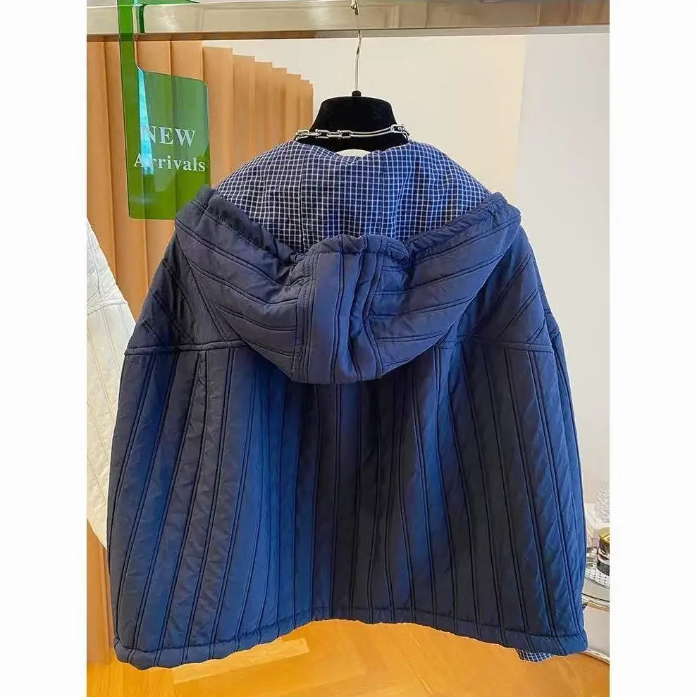 Hooded padded short jacket women's plaid splicing two-cotton jacket 2025 autumn new  cotton clothes thin cotton clothes