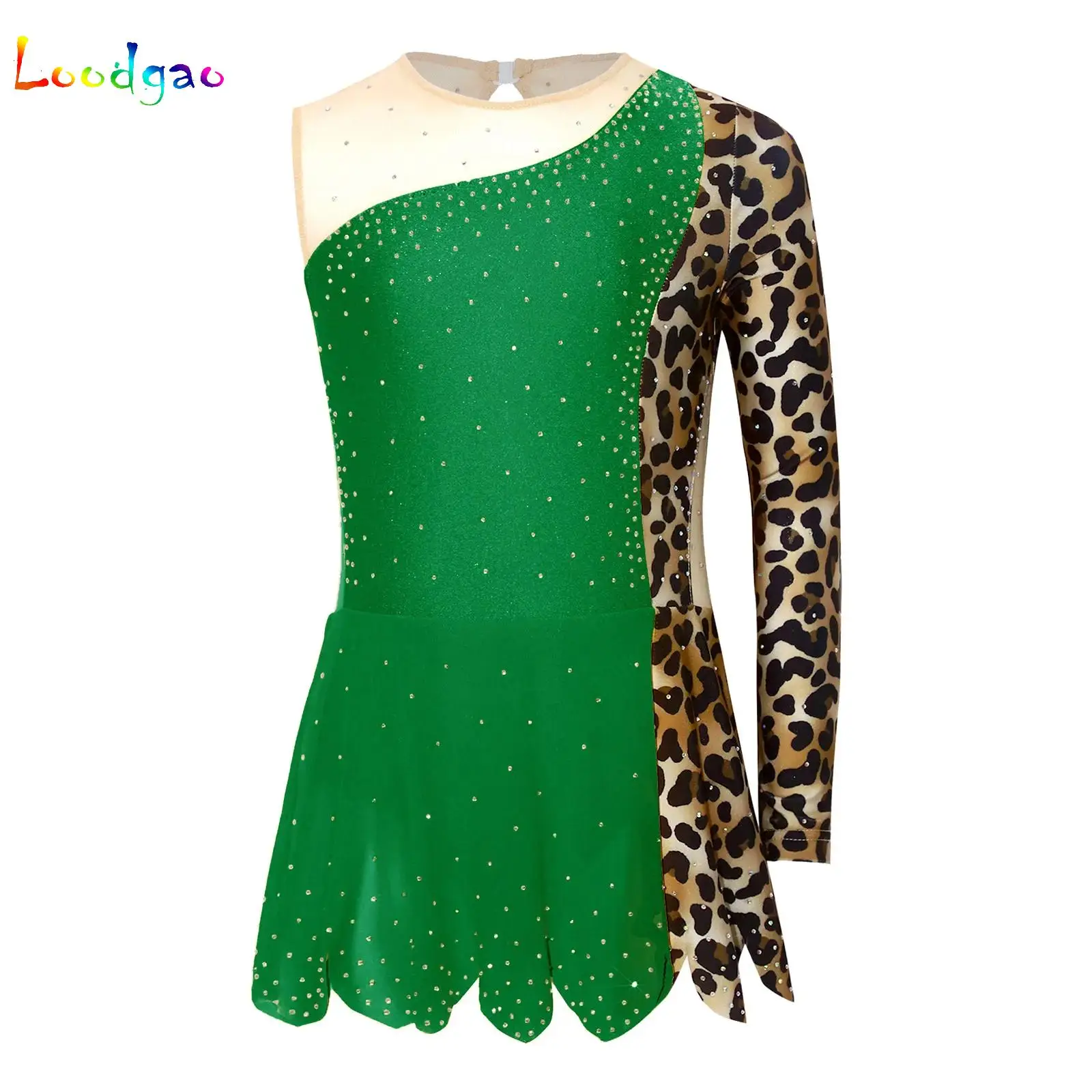 

Kids Girls Figure Skating Rhythmic Gymnastics Leotard Leopard Printed Asymmetric Sleeve Shiny Rhinestones Dress Ballerina Dress