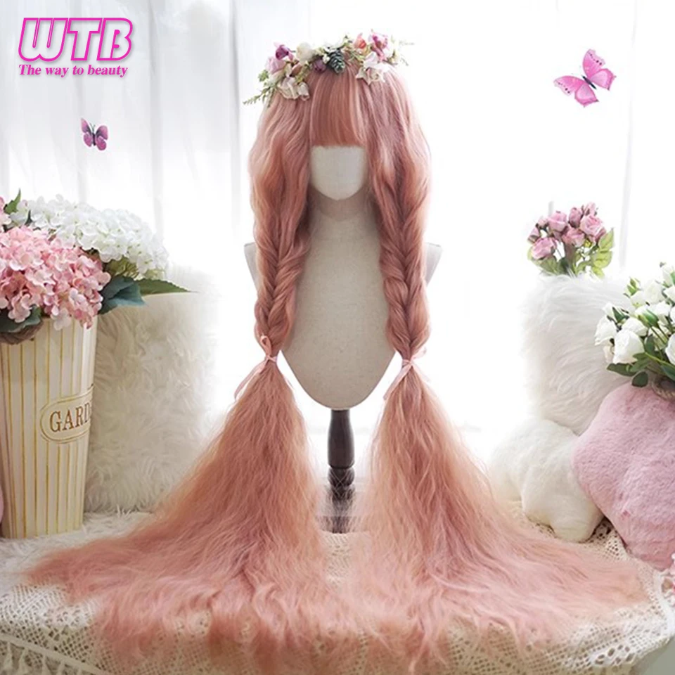 WTB  Synthetic 120cm Long Curly Cosplay Wig with Bangs Pink Blonde Brown Lolita Wig Women Christmas Party Corn Curly Wigs Female