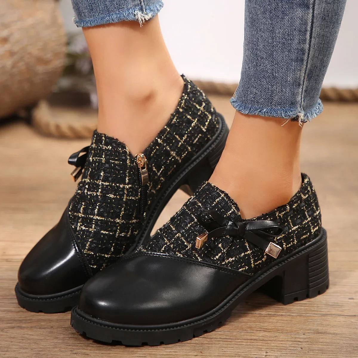 

Comemore, женские элегантные туфли-лодочки с цветными блоками, весна 2023, новые женские туфли на толстом каблуке с круглым носком и бантом, декоративные каблуки для женщин