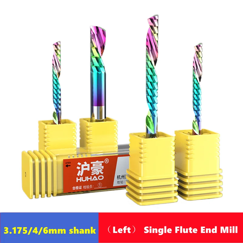 Fresa a spirale a lama singola con gambo da 3,175/4/6 mm con rotazione sinistra, punta per router CNC in carburo HRC60 in alluminio. Plastica. Acrilico