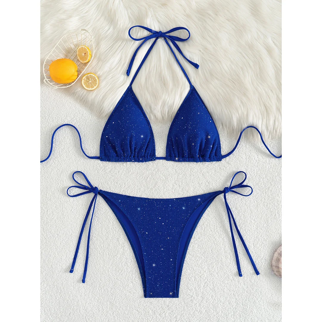Glitzernder, funkelnder Neckholder-Bikini mit hohem Beinausschnitt, Damen-Badebekleidung, zweiteiliger Bikini-Set, Badeanzug, Badebekleidung, Schwimmbekleidung V5501R – Detail 30