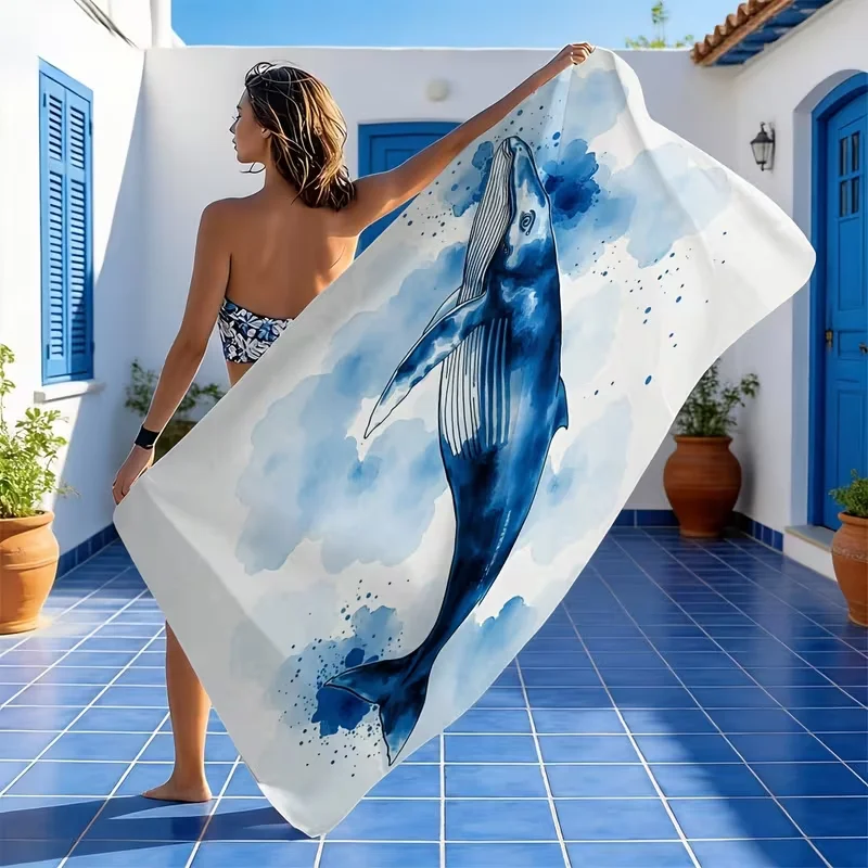 Watercolor Blue Whale Beach Towel Nautical Ocean Art Print Quick Dry Sandproof Absorbent Towel for Beach Summer Vacation