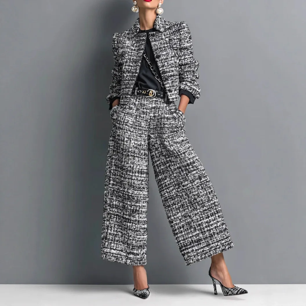 Women's Tweed 2 Piece Matching Set Collared Cropped Jacket & High Waist Wide Leg Pants Plaid Textured Elegant Office Lady Outfit