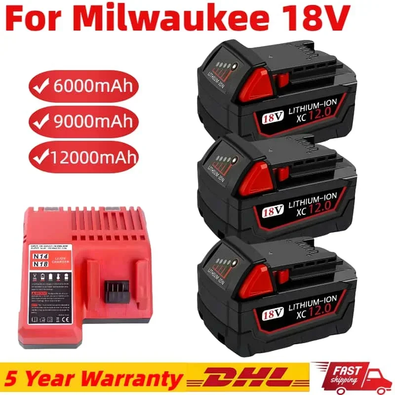 New Lithium-Ion 18V 6.0A Replacement Power Tools and Battery Charger for Milwaukee Battery M18 48-11-1815 48-11-1850 2607-22