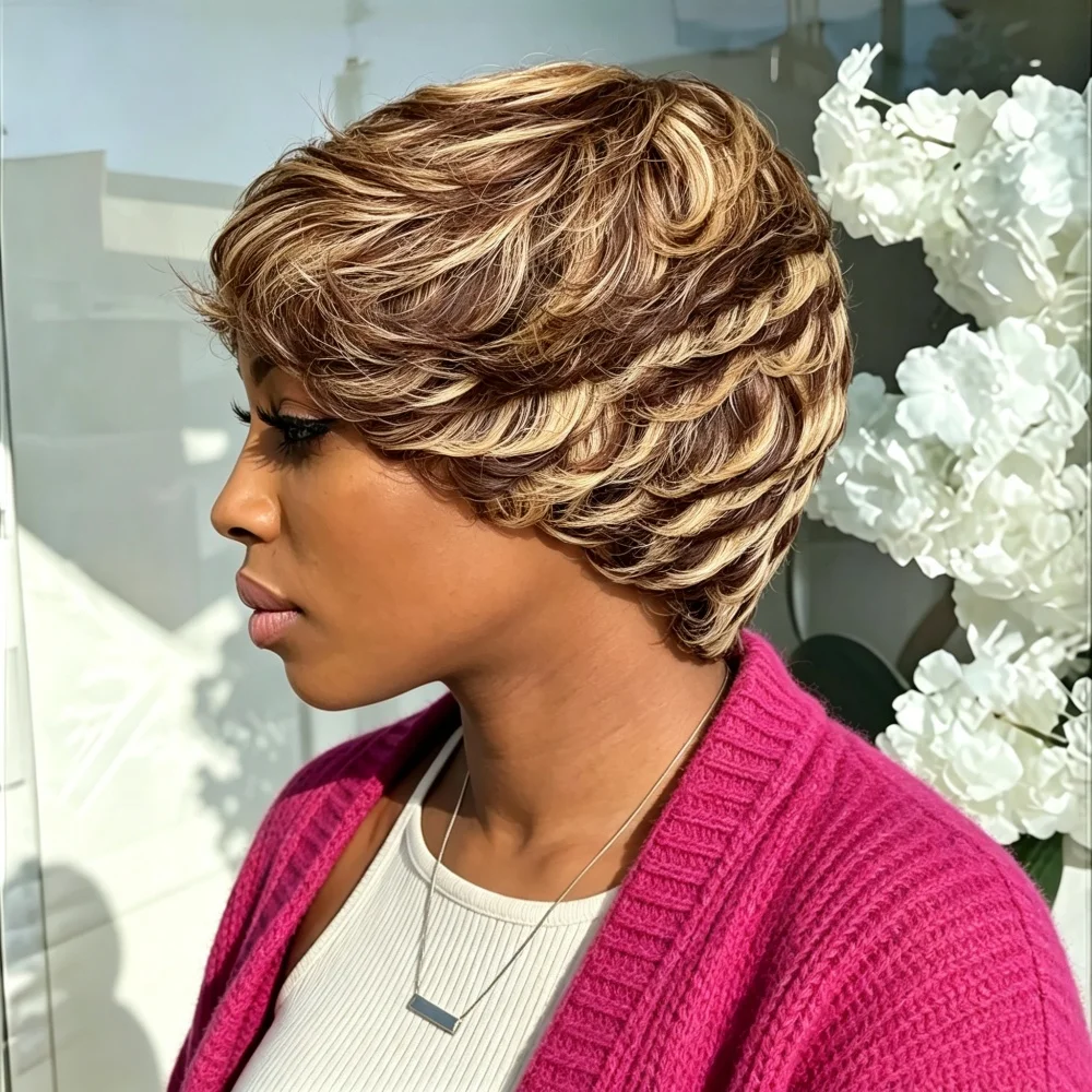 Full Machine Made Human Hair Short Textured Curly Pixie Wig Brown Blonde Highlights Natural Style Women Daily Party Wig