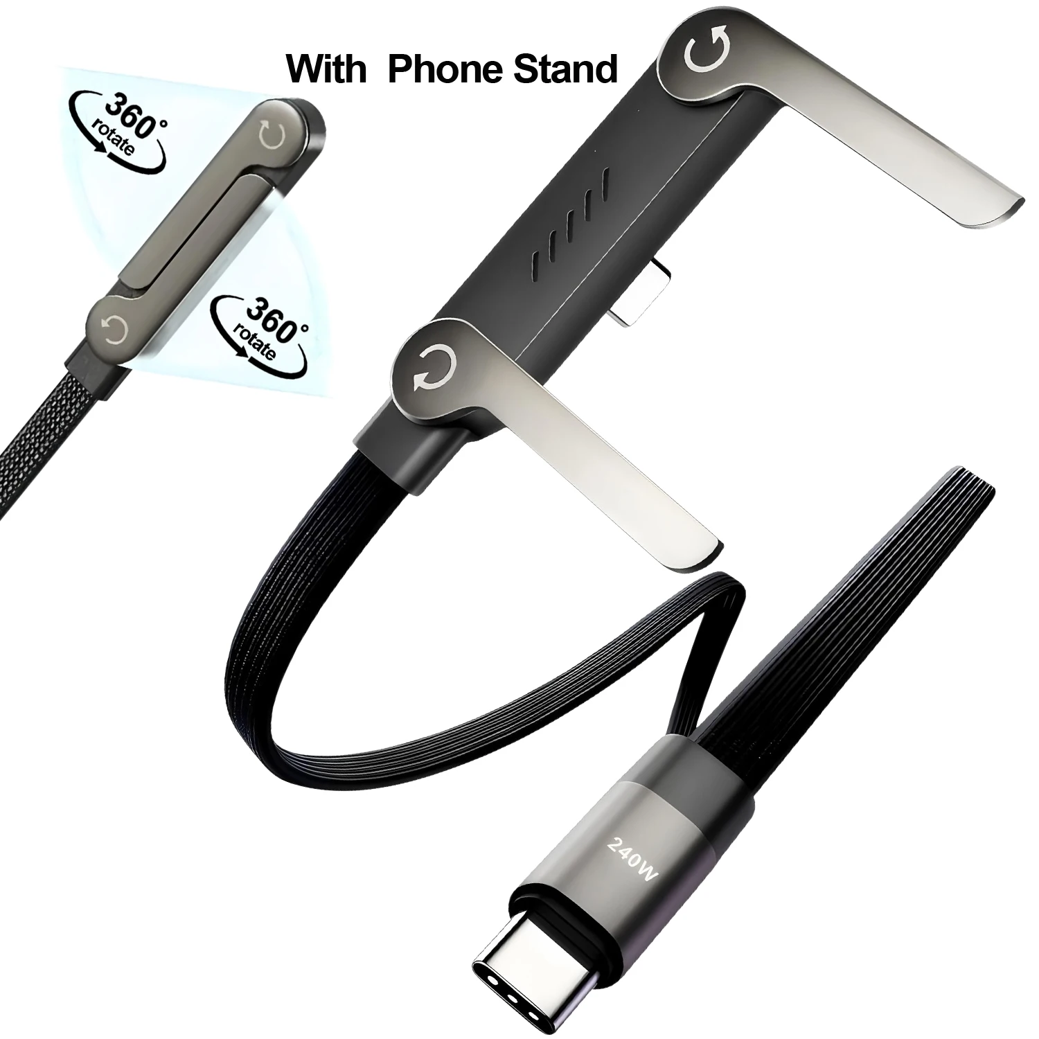 240W 2-in-1 Type C to USB C Fast Charging Data Cable Foldable Phone Holder Type C Fast Charging cabo For iPhone 17 Black/Orange