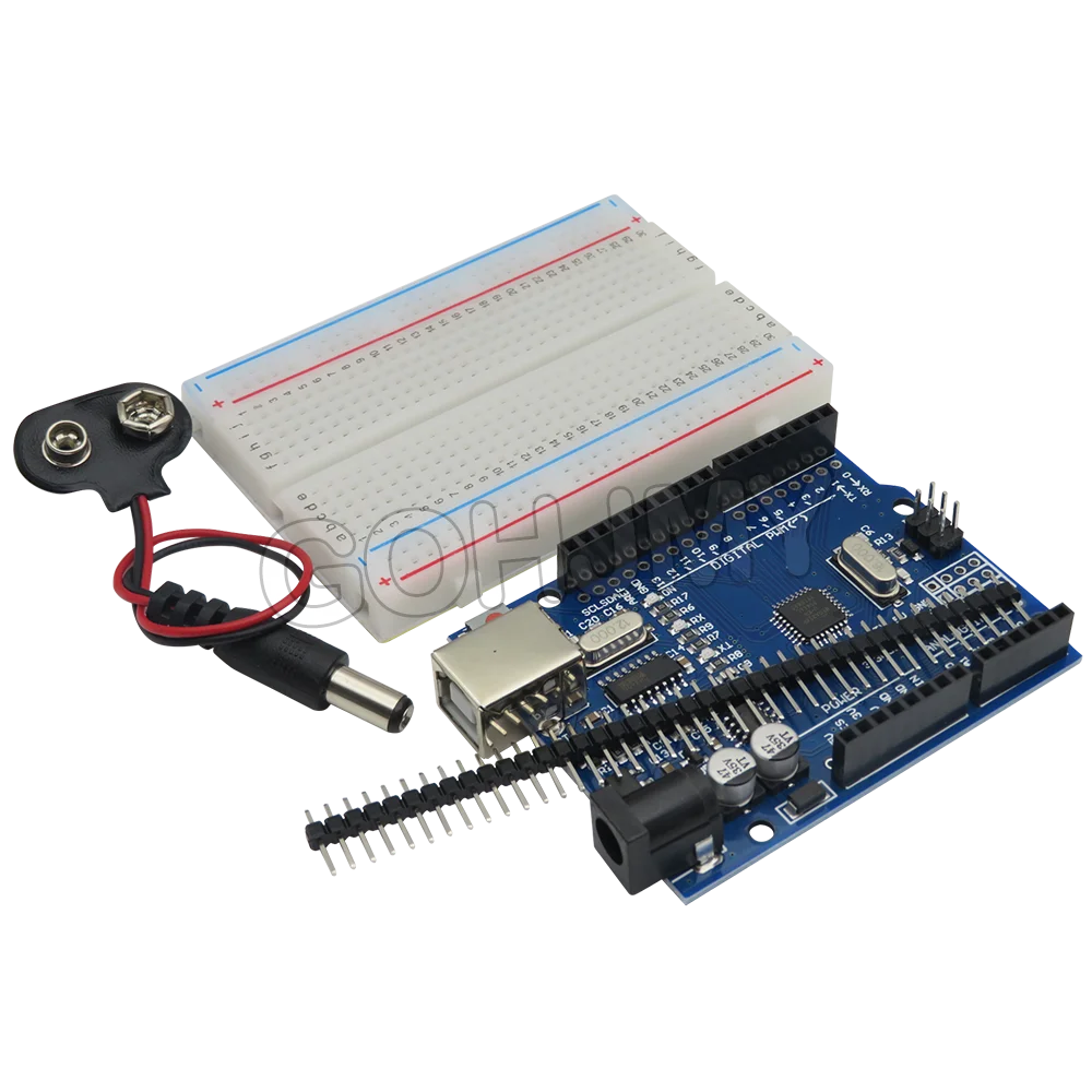 1PCS GOHJM Starter Kit for arduino Uno R3 - Bundle of 5 Items: Uno R3 Breadboard Jumper Wires USB Cable and 9V Battery Connector