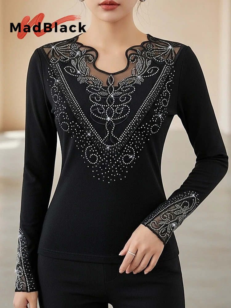 

MadBlack-Women European T-Shirt, Sexy V Neck Hot Diamond, Streetwear Long Sleeve Slim S-2XL Knit Tee, 2025 Winter New T5N979CC