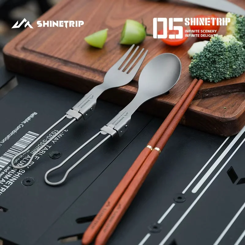Shinetrip Pure Titanium Foldable Outdoor Cutlery Kit Spoon Fork Knife Wooden Chopsticks Portable for Camping Picnic Travel