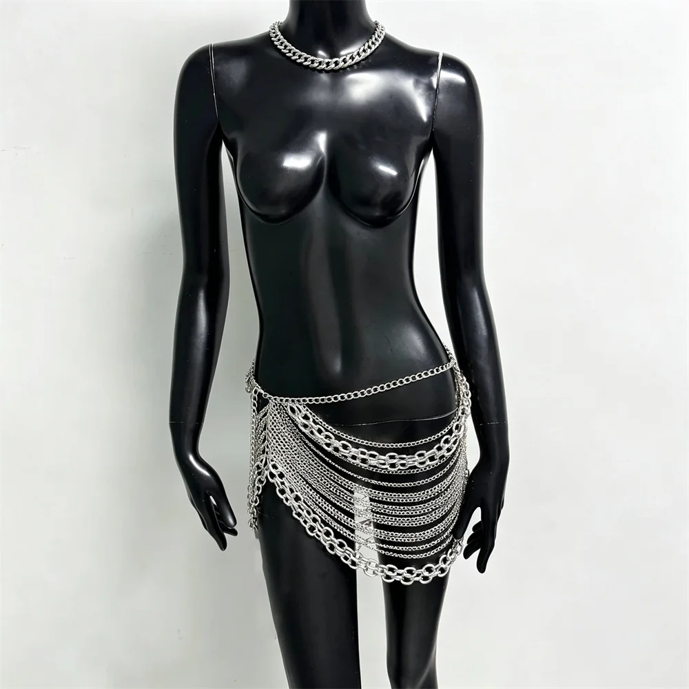 Women Hollow See Through Mini Skirt Sexy Metal Chain Tassel Asymmetry Body Chain Skirt Rave Festival Party Club Skirt