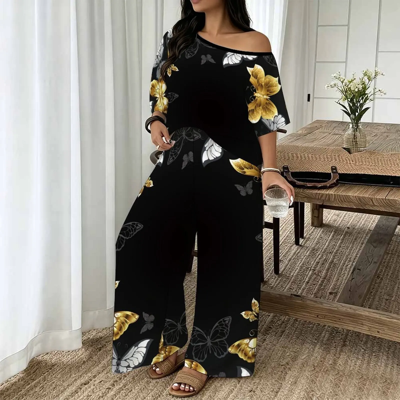 Plus Size Women Casual Print Two Piece Set Round Neck Sloping Shoulders  Short Sleeved Top Clothes Beach Vacation Sweatpants