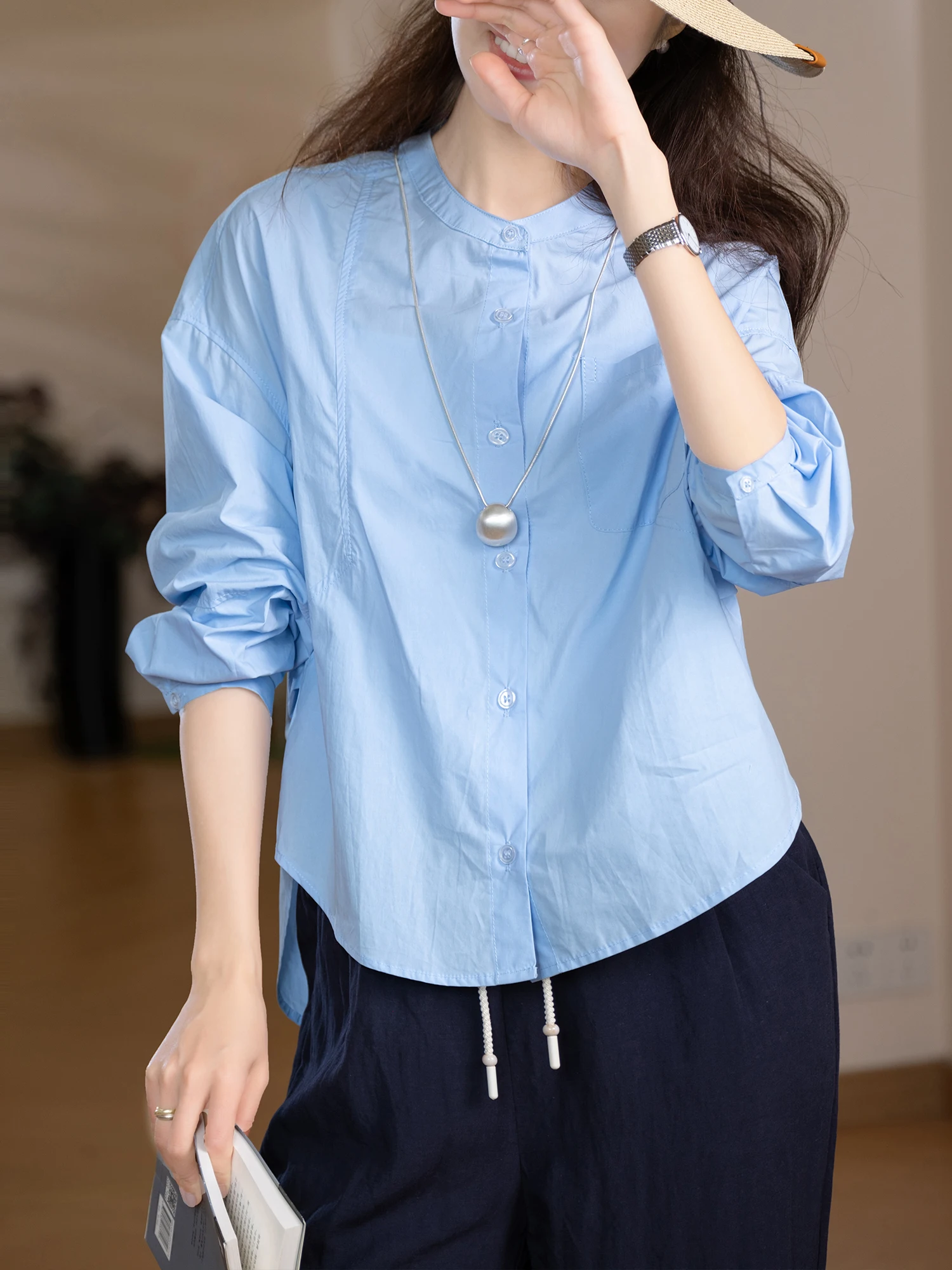 

Loose Fit Casual Style Shirt 100% Cotton Combed Cotton Short Front Long Back Design Small Stand Collar Breathable Women's Shirt
