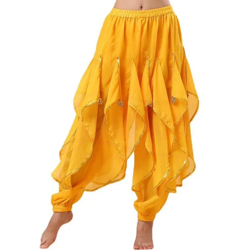 ยาวชีฟอง Belly Dance Harem กางเกง Tribal อาหรับฮาโลวีนกางเกงทอง Trim ผู้หญิงเต้นรํากางเกง