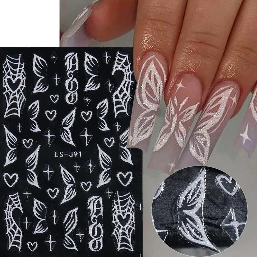 Moulage Papillon Nail Stickers Blanc Paillettes Coeur Fleurs Rose Papillon Nail Stickers Français Charmes Manucure Décor LEBLS-J91