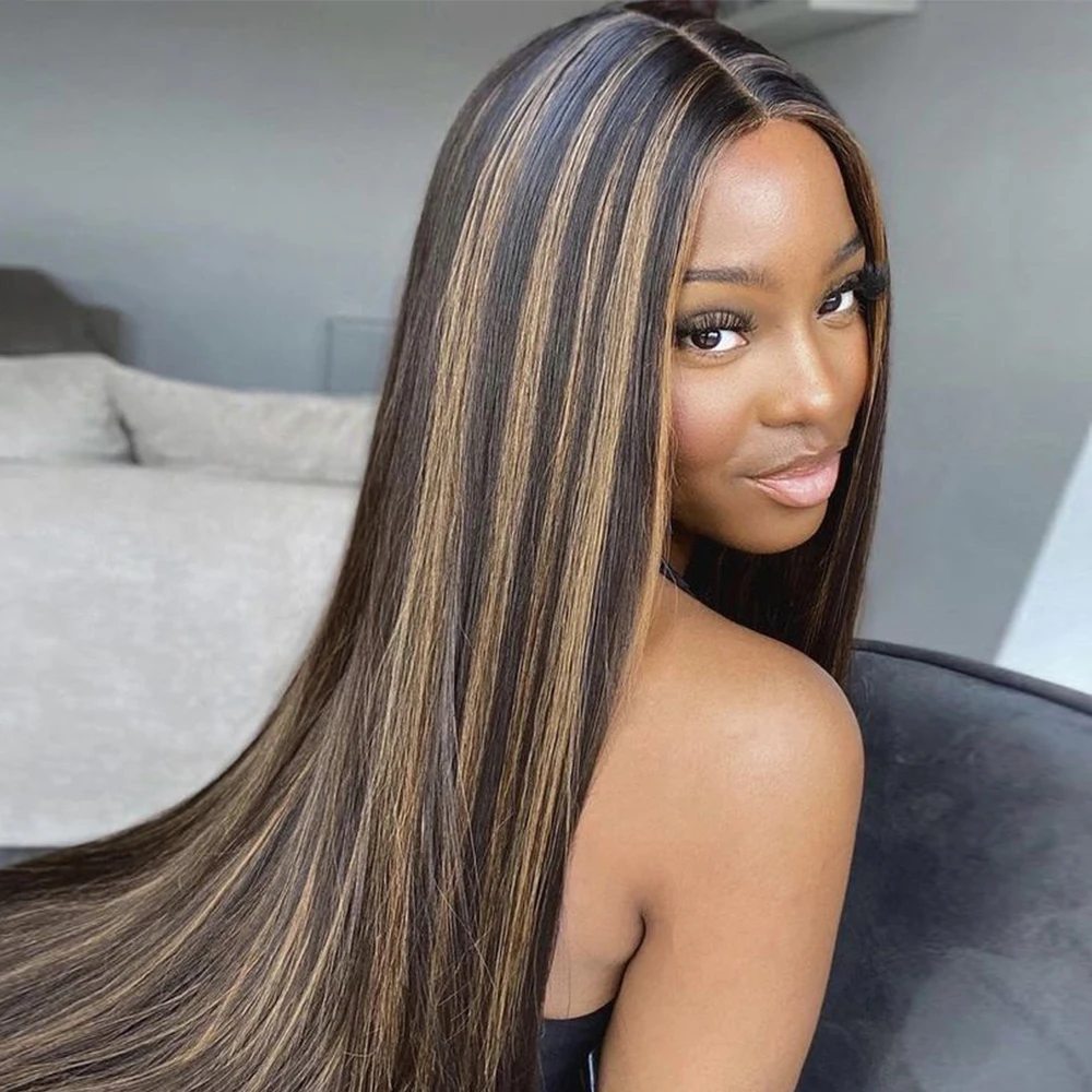 

1B 30 Highlight Frontal Wigs Human Hair 30 Inch Ombre Brown Colored 13x4 Bone Straight Lace Front Wig Pre Plucked On Sale
