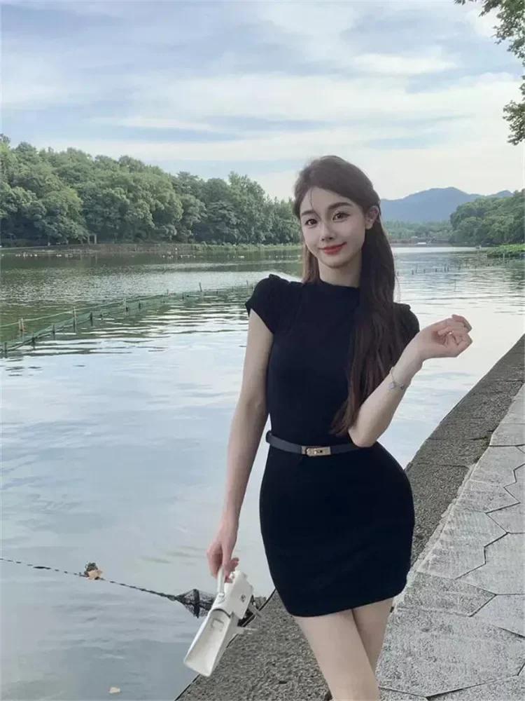 女性用ハイネックペンシルドレス,黒,カーキベルト,半袖,ミニドレス,ボトムス,セクシー,エレガント,有名人,ファッション