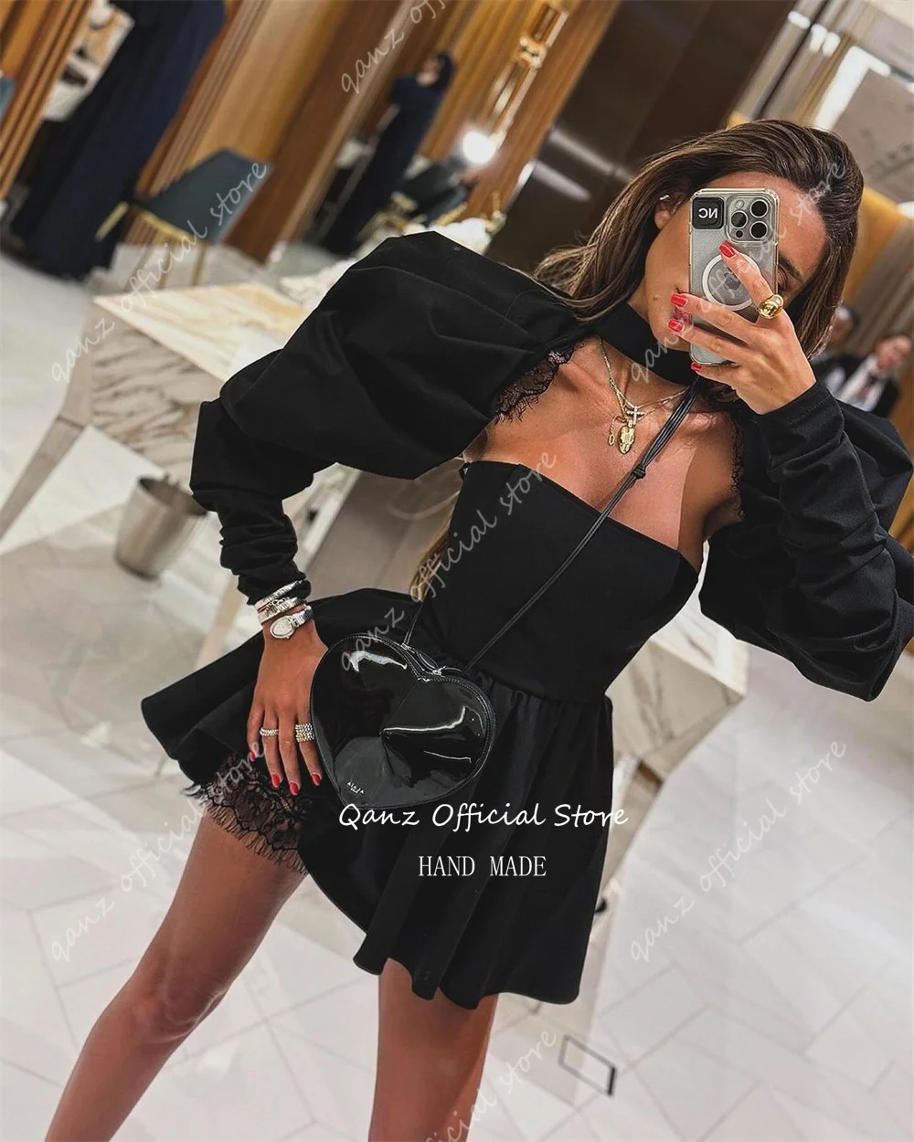 Qanz Black Prom Dress Strapless Short A Line Vestido Gala 2024 Detachable Long Sleeves Satin Lace Dress Party Night Customized