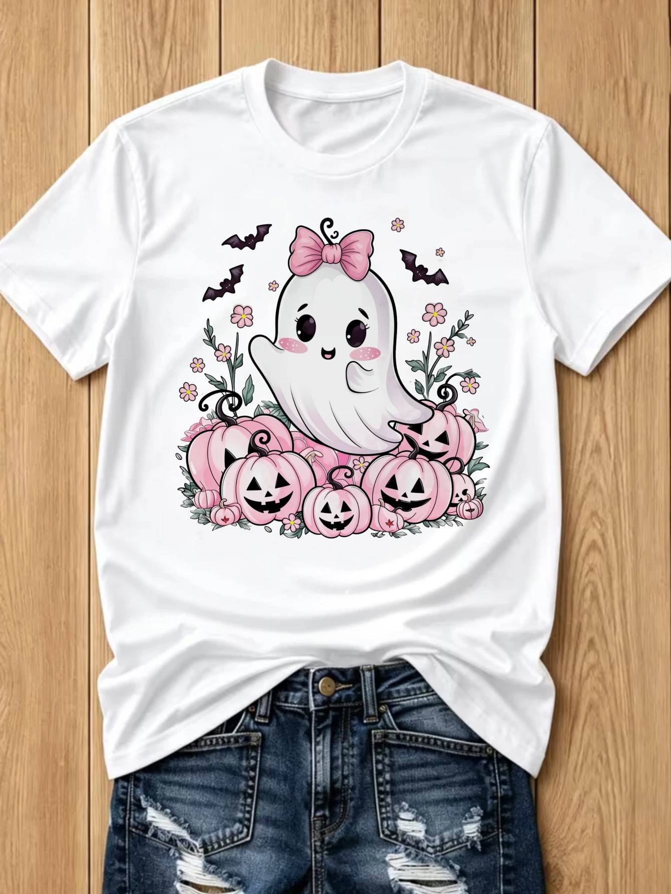 Women'S Fashion New Round-Neck T-Shirt, Women'S All-Match Outfits, Summer Autumn Casual Daily Basic Tops & T-Shirts, Cute Pink Ghost And Pumpkin Halloween Design, 100%, Festive Occasions, Local Delivery