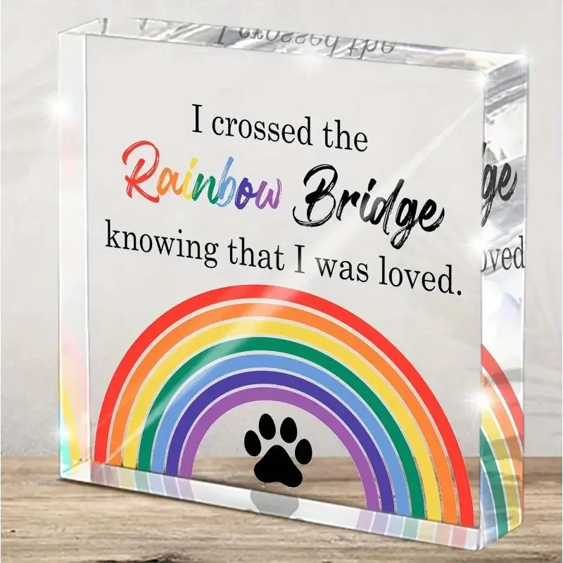 2D Flat, Acrylic Pet Memorial Gift - Rainbow Bridge Tribute with Paw Print & Heart Design - Sympathy Keepsake for Loss of Dog