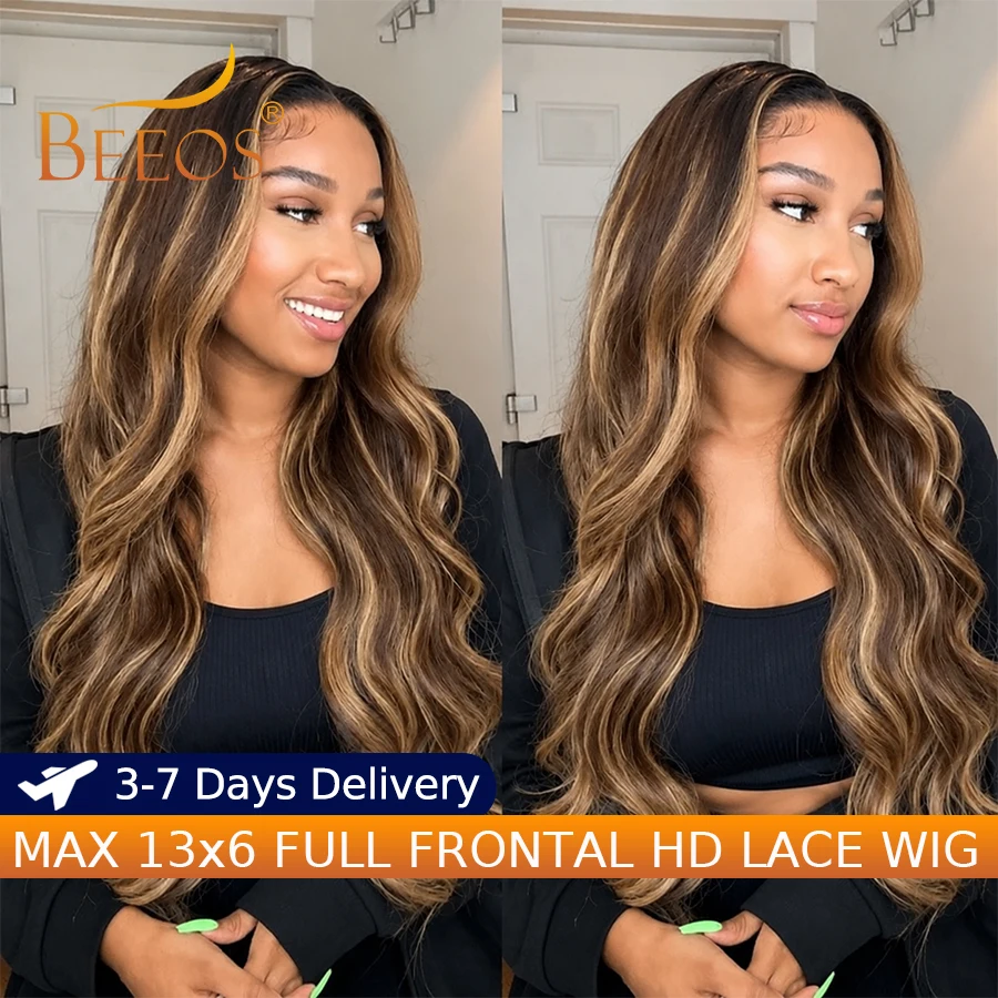 Ultra Fitted Honey Blonde Balayage Highlight Wig 13X6 HD Lace Full Frontal Wig Body Wave Human Hair Pre Plucked Deep Part Remy