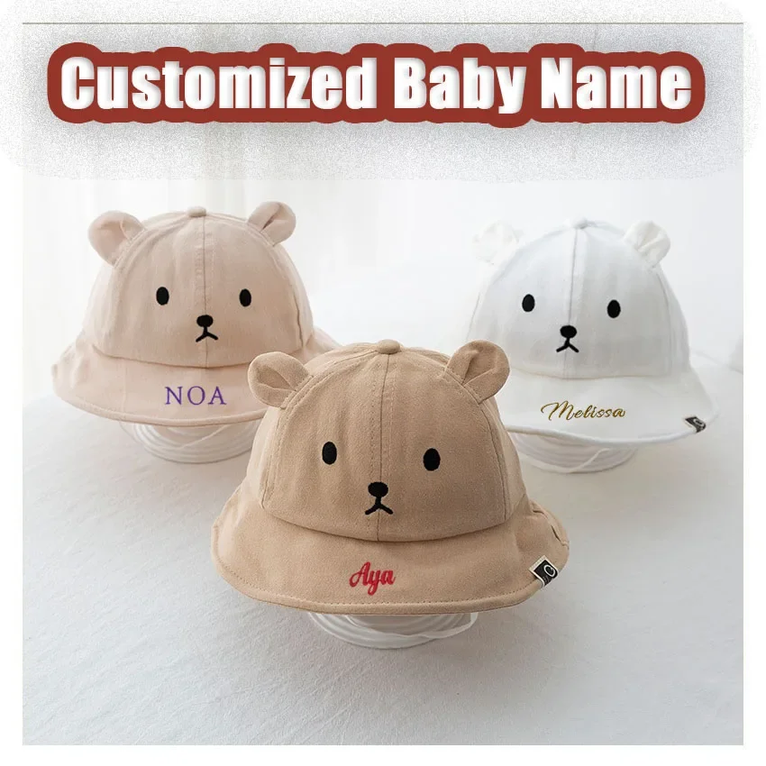 Personaliseer Schattige Beer Baby Emmer Hoed Met Oren Jongen Meisje Katoen Kid Zonnehoed Outdoor Zomer Kind Panama Cap Aangepaste Baby Naam