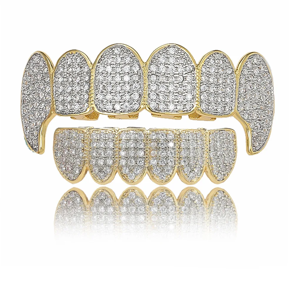 Iced Out Micro Pave Full CZ Teeth Grillz Top&Bottom Charm Grills For Men Women Hip Hop Charm Jewelry