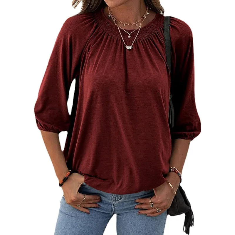 2026 Summer Blouse Smocked Round Neck 3/4 Puff Sleeve Ruffle Hem Casual Loose Tops for Woman Clothes