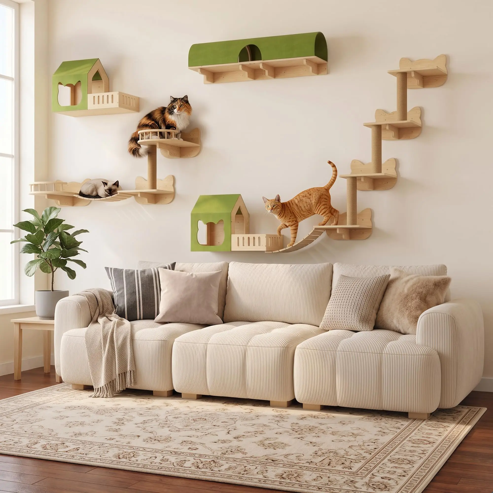 16-in-1 Cat Wall Shelves, Solid Pine Wood Cat Climbing System with Tunnel, Perch, Bridge, Condo and Sisal Scratching