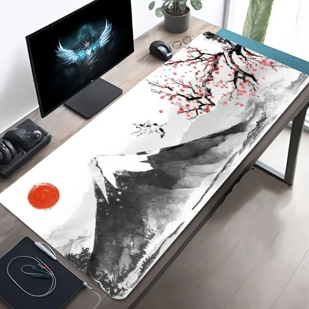 Large XXL Gaming Mousepad Ink Plum Blossom Fuji Mountain Deskmat Keyboard Mat Desk Mats Non-Slip Rubber Computer Accessories