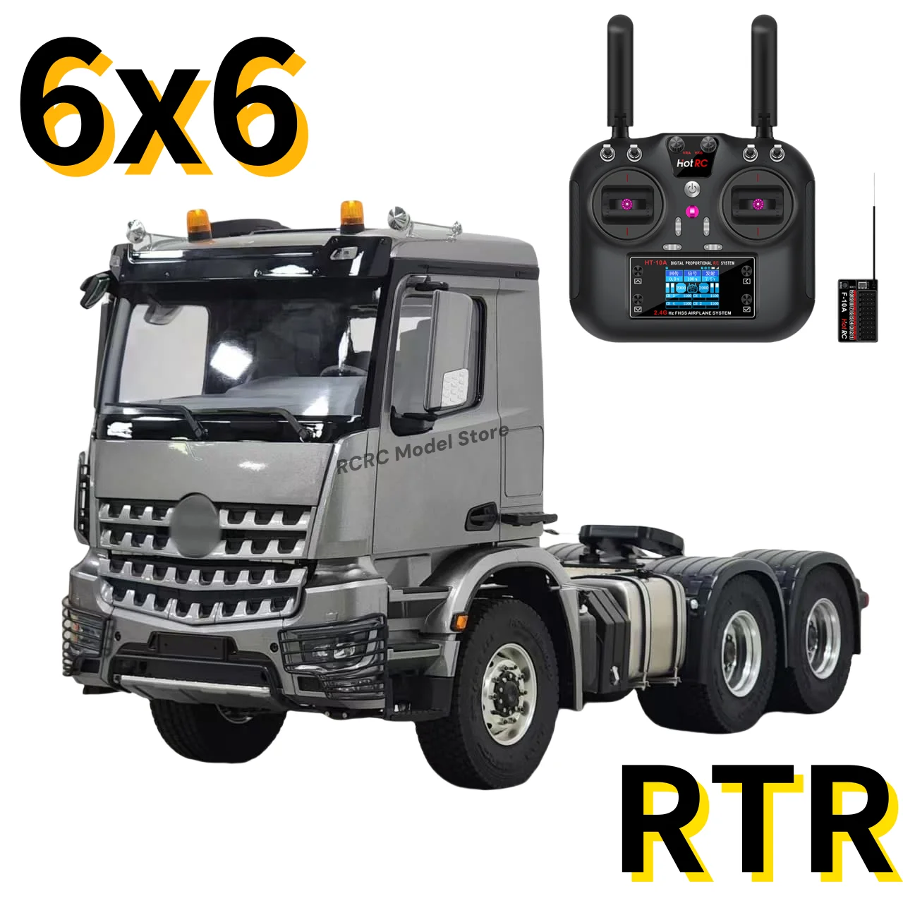 Caminhão trator 6x6 rtr rc 1/14, chassi de metal com eixos diferenciais de metal, sistema de luz sonora de controle de rádio, brinquedo de caixa de velocidades de 2 velocidades