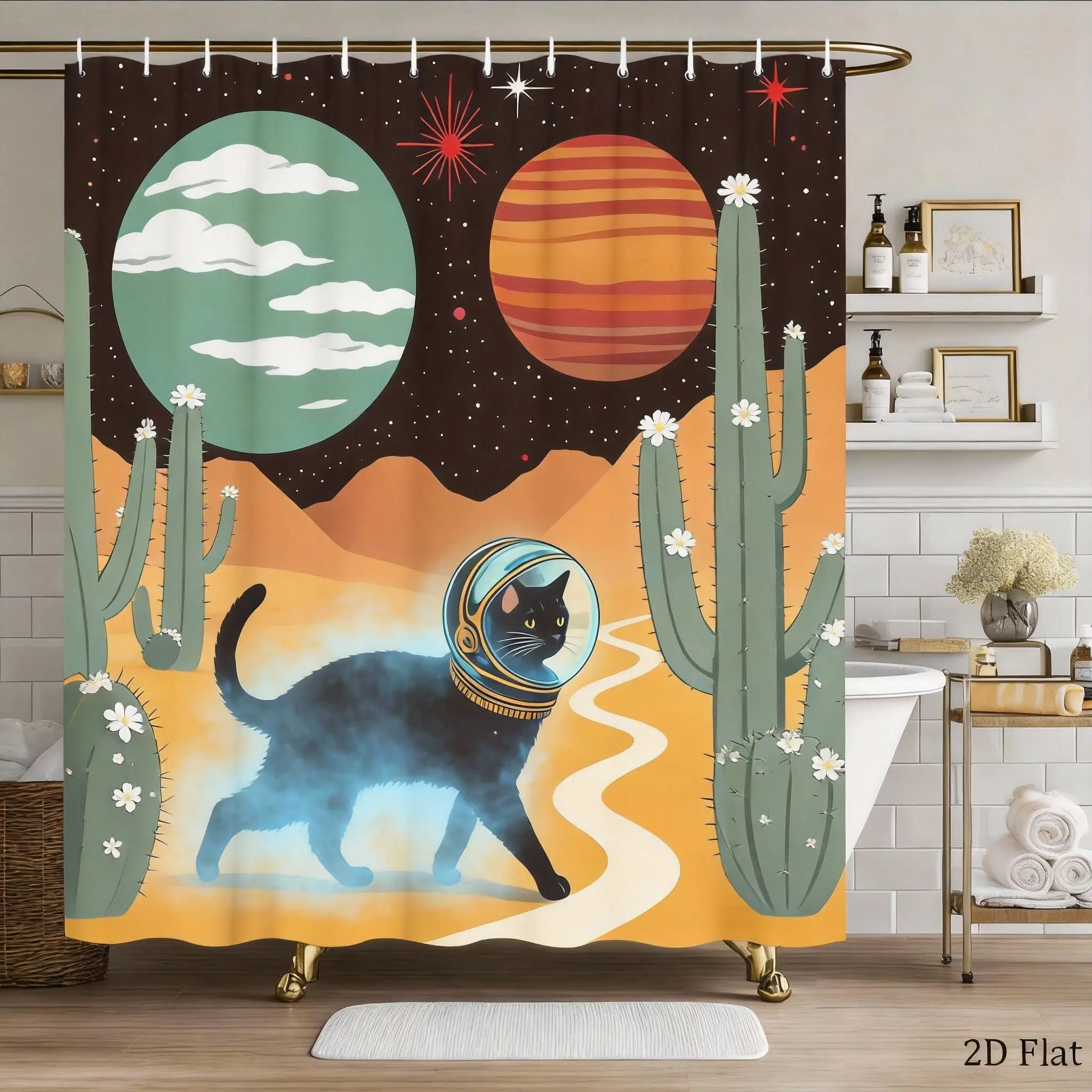 

Занавеска для душа Space Cat 180x180 см – Ретро-дизайн 60-х годов, кот-космонавт на пустынной планете, необычный декор для ванной, 12 крючков