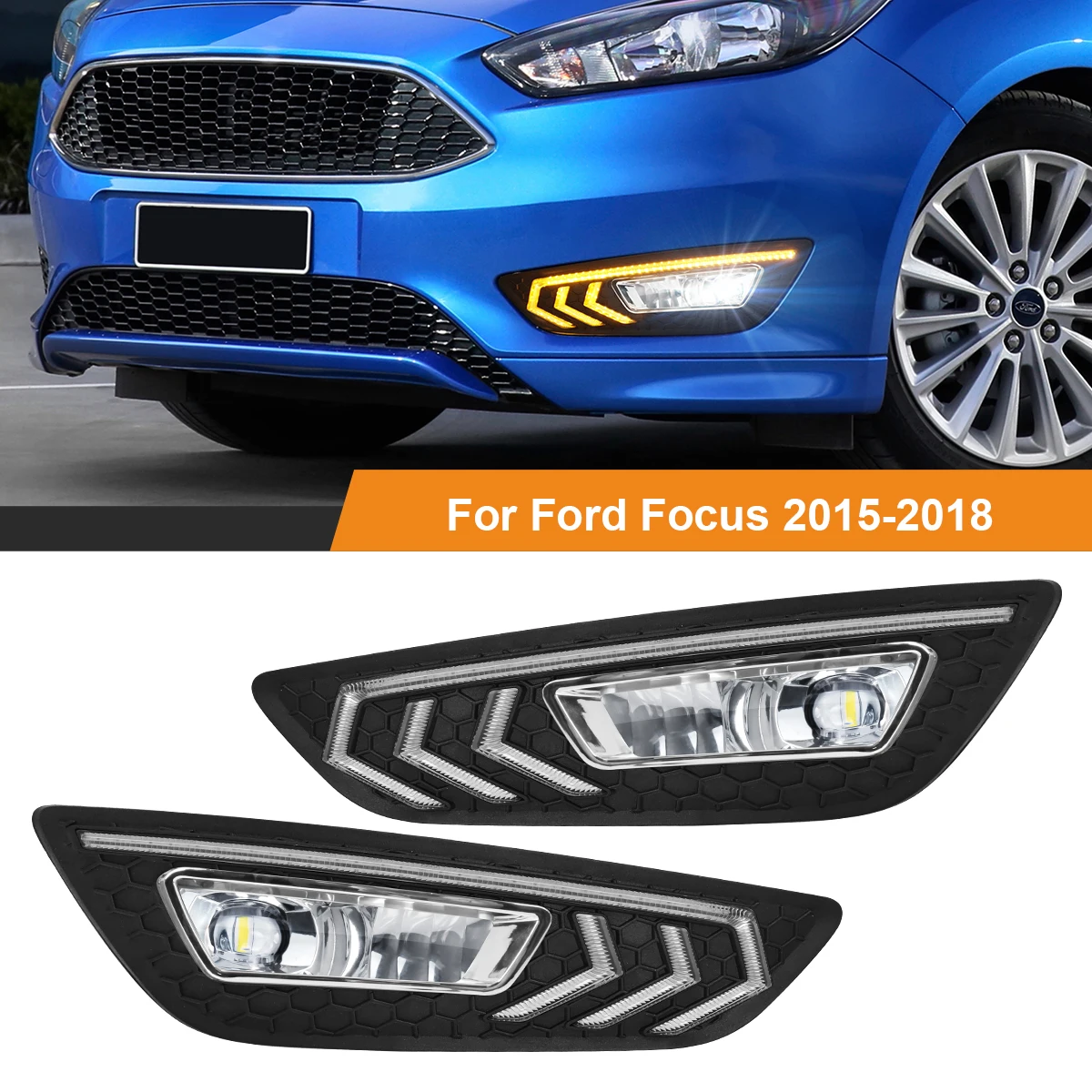 

GEFENSI For Ford Focus DRL Led Fog Lamps Chrome Trim 2015 2016 2017 2018 Daytime Running Lights Dynamic Turn Signal White Yellow