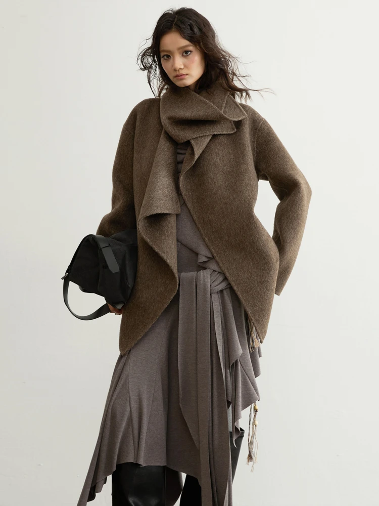 

JNYLON25AW Double-sided Woolen Coat Brown Handmade Ukelele Wooden Brown Belted Ladies' Vintage Sle Stand Fit Jaet