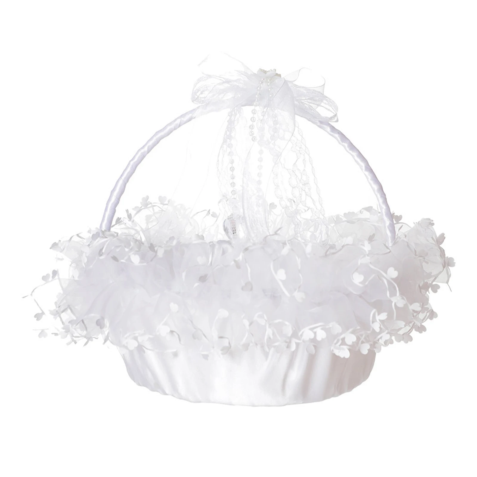 

Portable Pure White Wedding Flower Basket Bridal Flower Girl Basket Lace Pearl Romantic Decoration Wedding Ceremony Party Basket