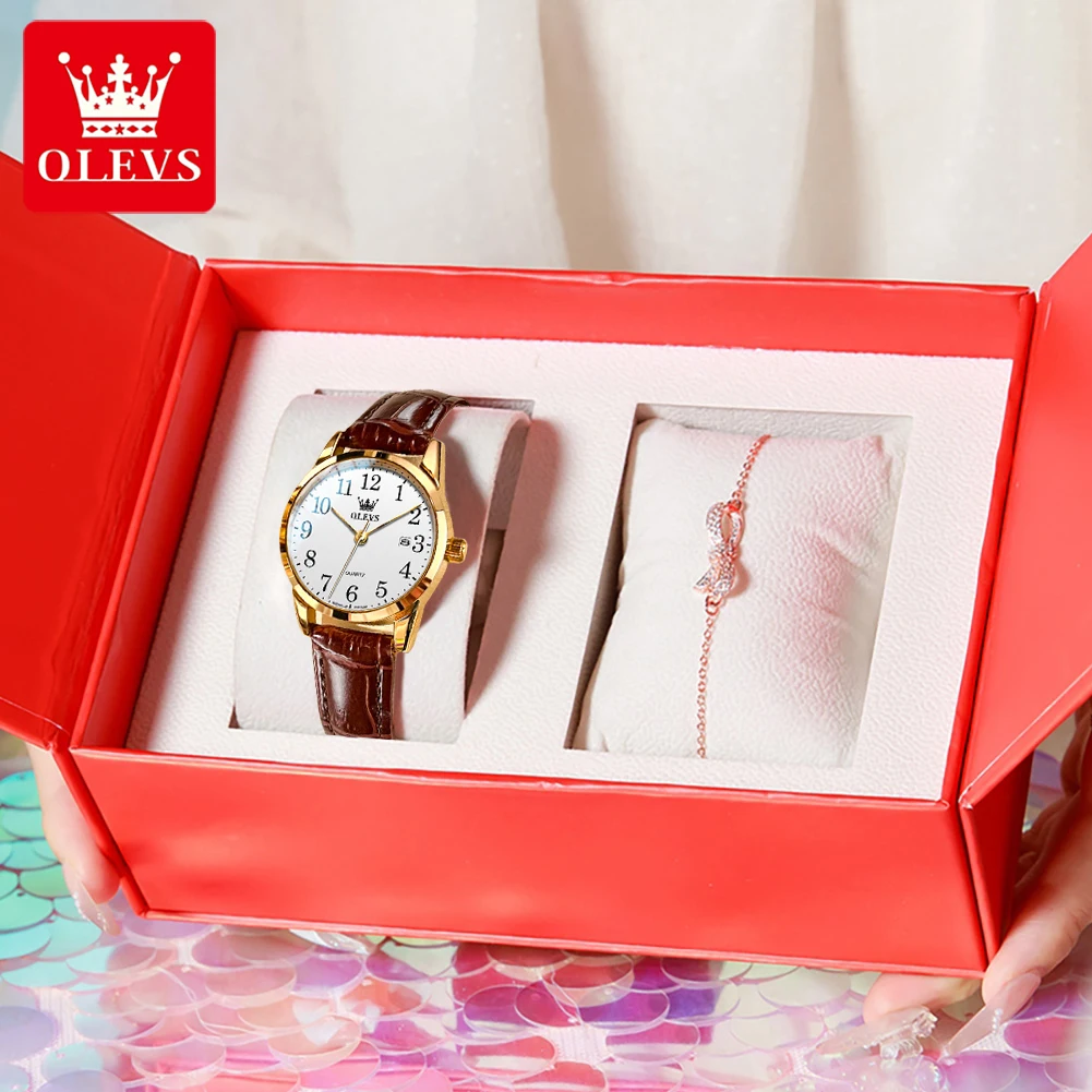 OLEVS 5566 Women Watch Original Watch Arabic Numerals Quartz Watch Waterproof Luminous Leather Strap Date Watch Bracelet Set