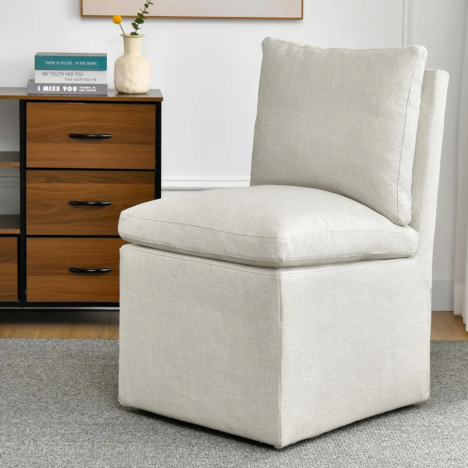 Linen Armless Dining Chair with Casters for Living, Bedroom, Reading, Waiting, Kitchen - Ideal for Various Spaces