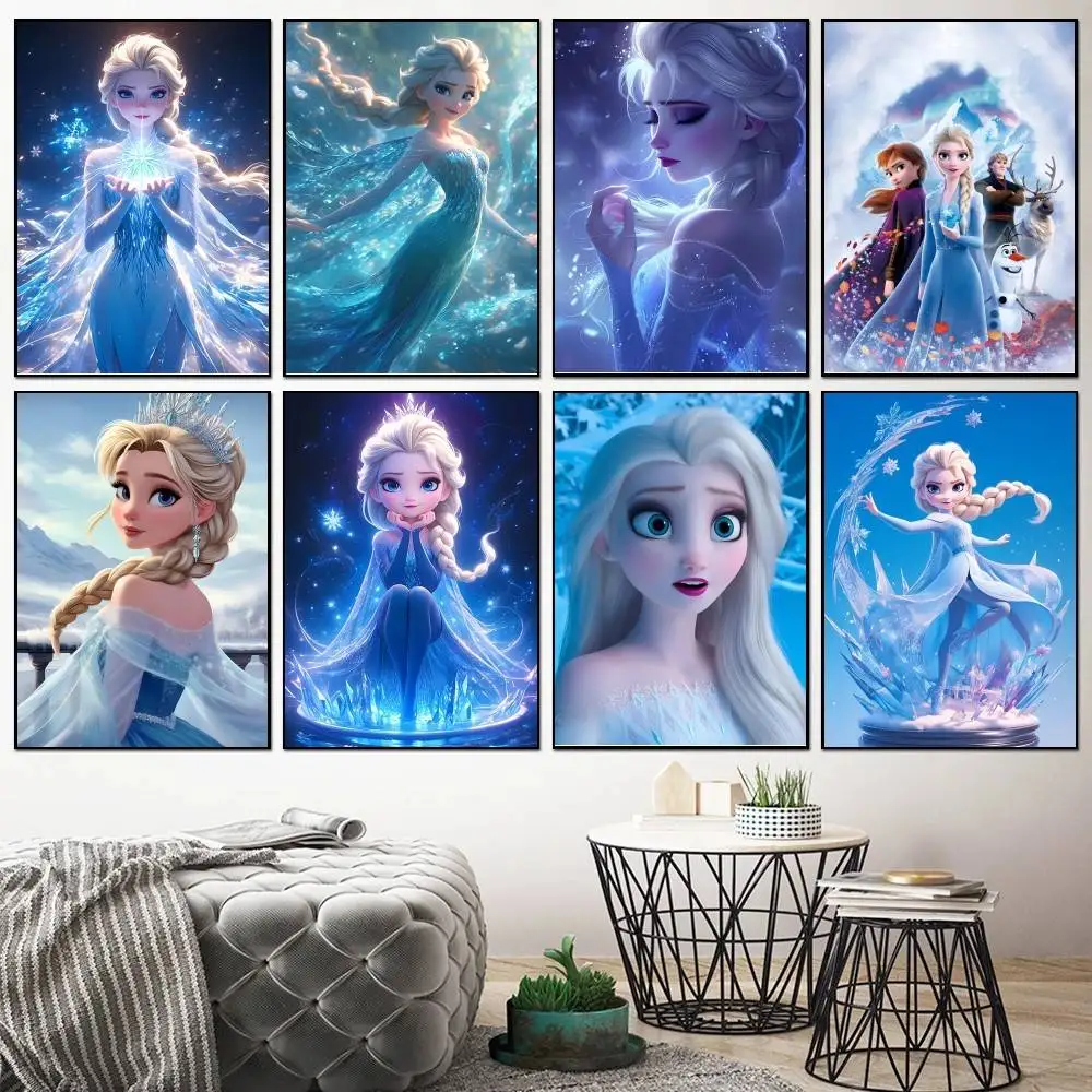 Póster impreso de Anime Elsa F-Frozen para dormitorio, sala de estar, decoración del hogar, pintura en lienzo de película de dibujos animados, arte de pared, imagen HD, Mural