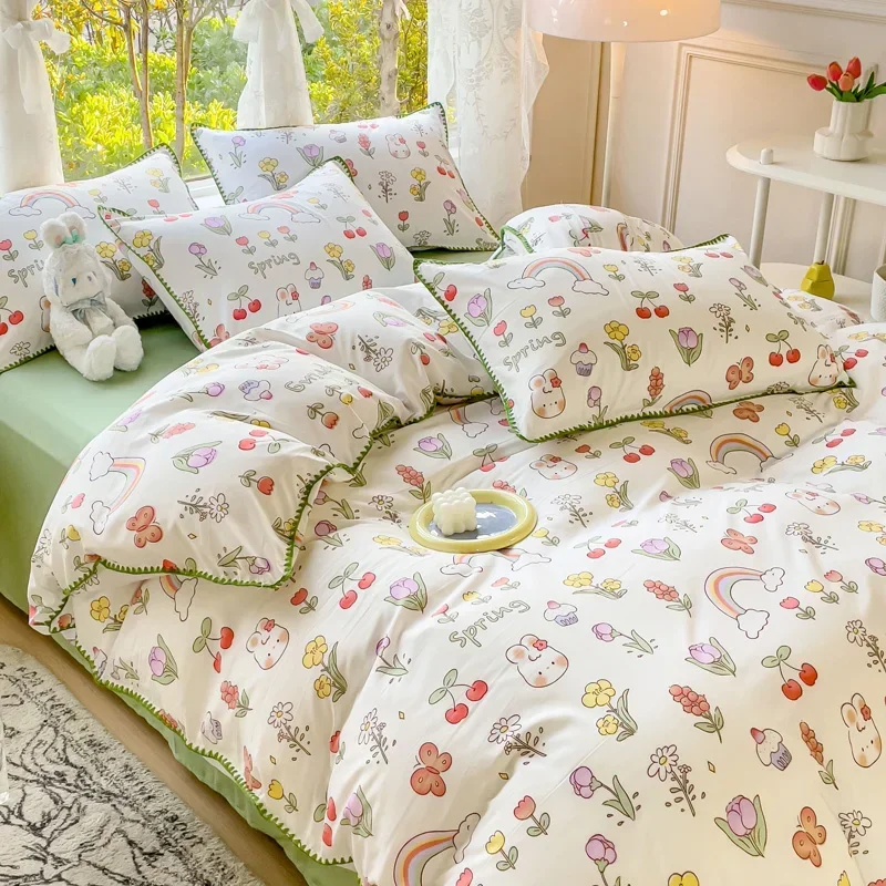 Pastoral Girls Flower Bedding Sets, Washed Cotton Bed Linens, Soft Quilt Cover Sheet Set, Simple Bedspread, Home Textiles