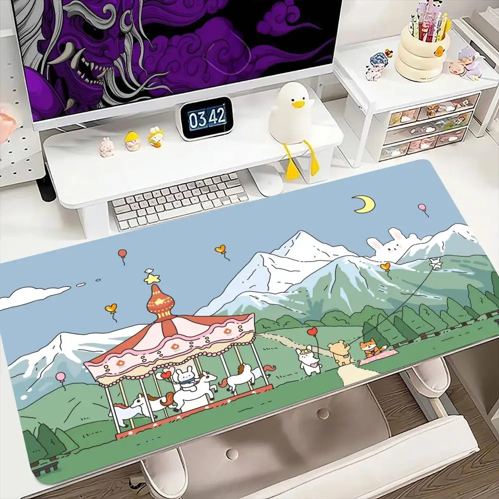 

Kawaii коврик для мыши с животными 900x400 мм, большой игровой коврик для мыши, клавиатура, геймерский резиновый коврик против морщин, противоскользящий нижний настольный коврик