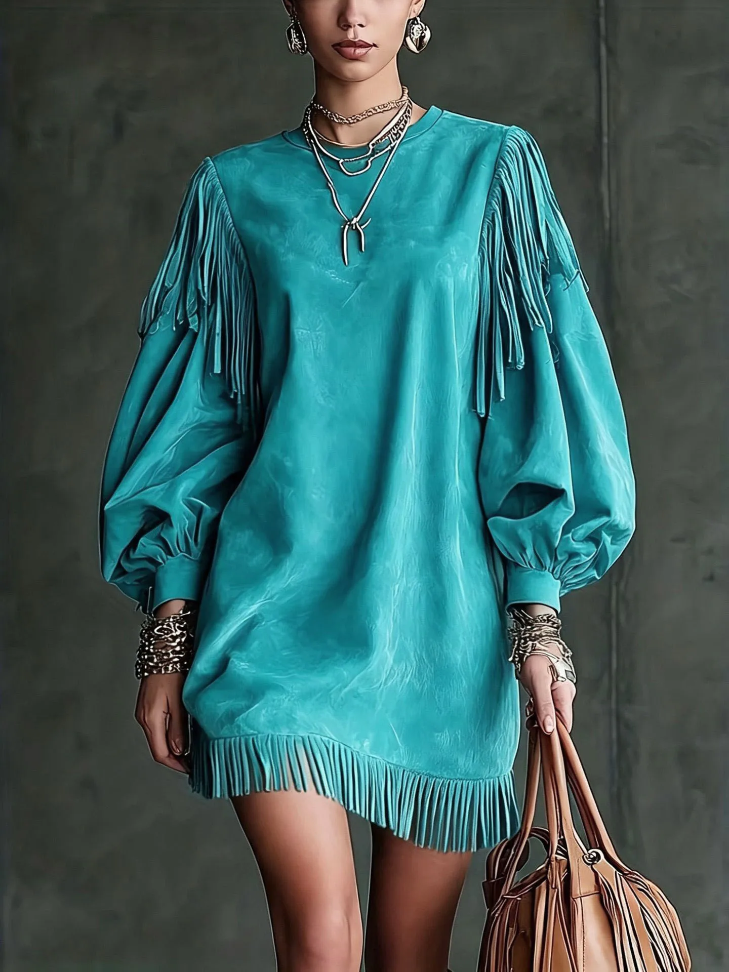 European and American Best-selling Tassel Loose Lantern Sleeve Ethnic-style Multi-color Versatile Slimming Short Office and Vaca