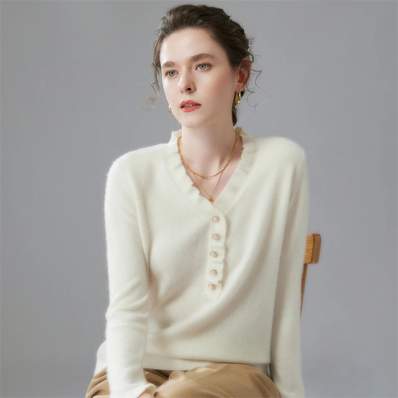 Maglione di cashmere di alta qualità da donna Pullover con scollo a V pieghettato Maglione di cashmere autunno inverno lavorato a maglia moda slim fit