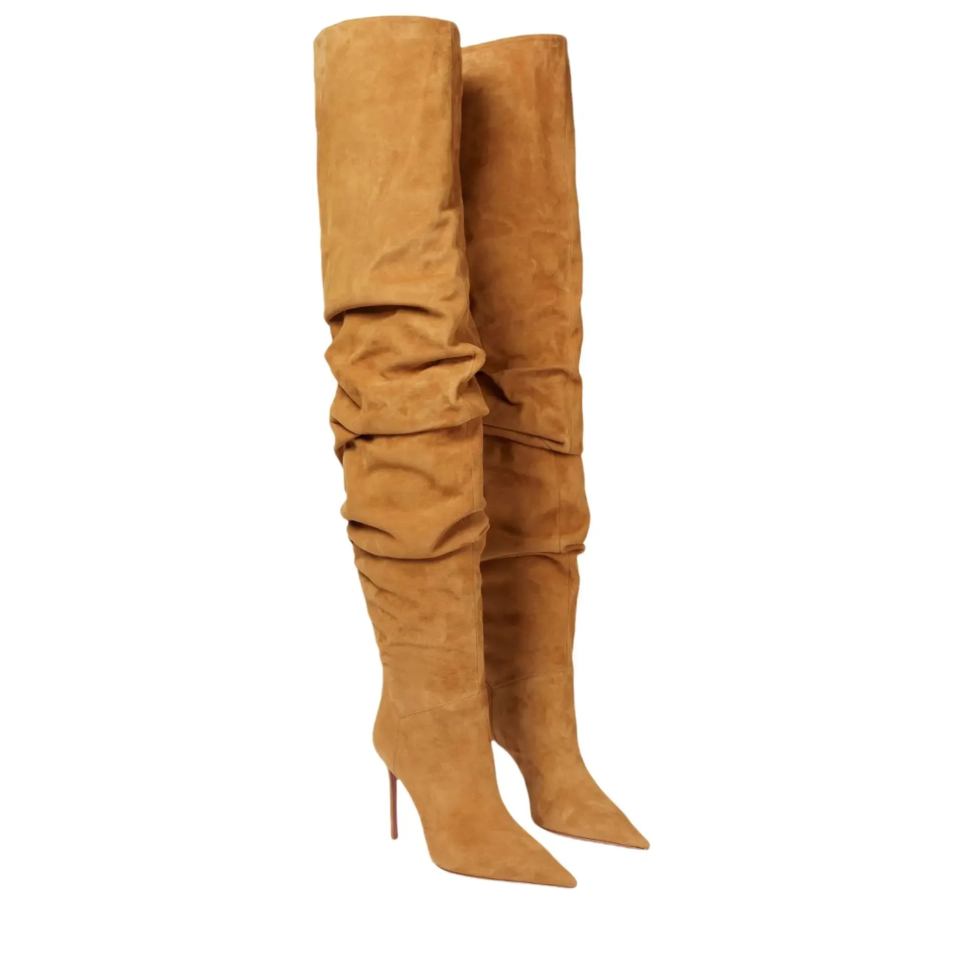 Brown Pointed Toe Pleated Stiletto Thigh-High Boots Woman Winter 2026 Blue Over-Knee Sexy Suede Pile Boots Shoes for Women