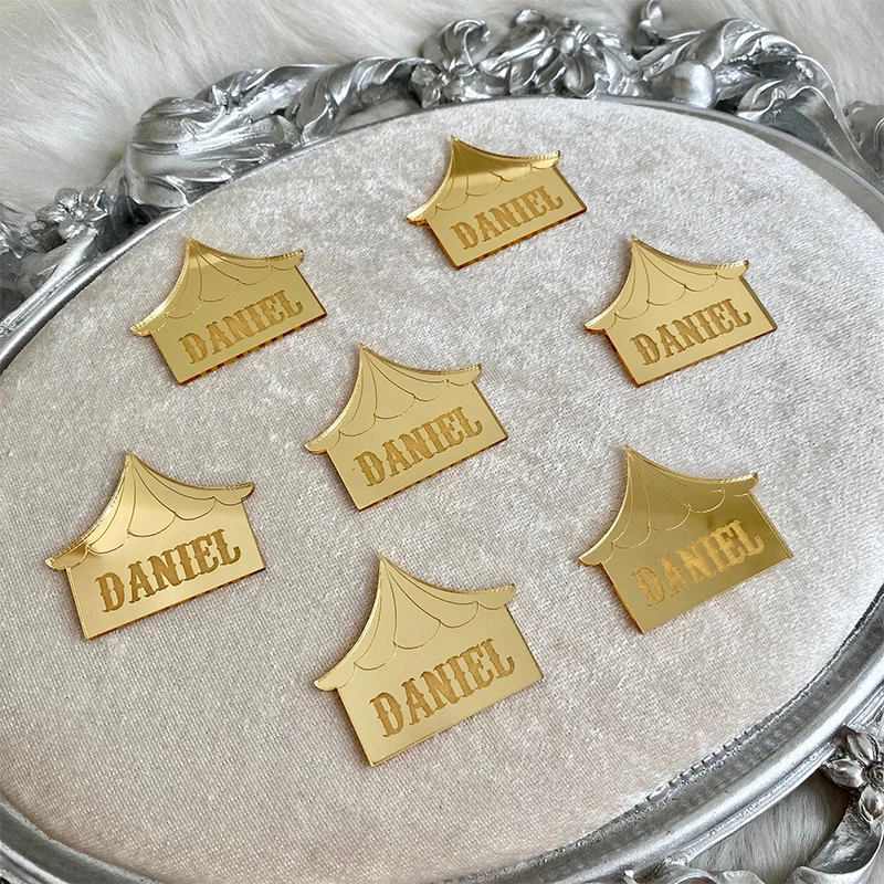 Etiquetas personalizadas para festas temáticas de barraca de circo, etiquetas criativas de espelho circular, decorações de festa de primeiro aniversário de circo