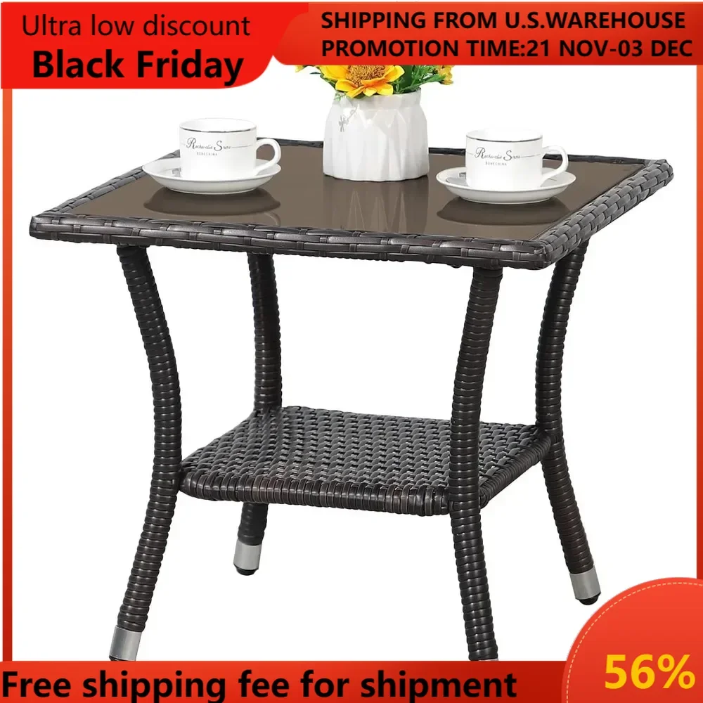 

Outdoor Wicker Patio Side Table, Weather Resistant Rattan Coffee Table, Square End Table, Aluminum Frame, Espresso Brown